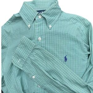 Polo Ralph Lauren Mens Small Button Down Shirt Green Blue Micro Check Classic